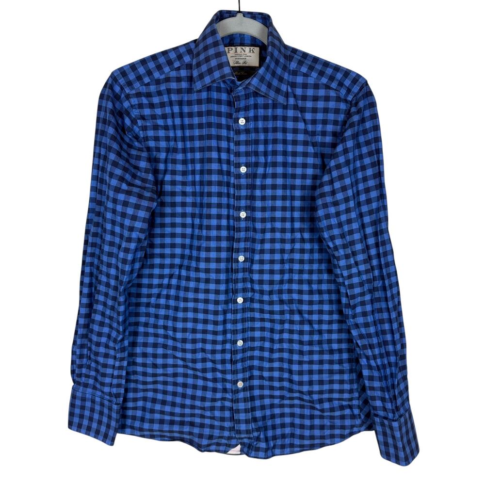 Thomas Pink Dress Shirt Men's 14.5 Navy Blue Check Cotton Slim Fit Career Formal